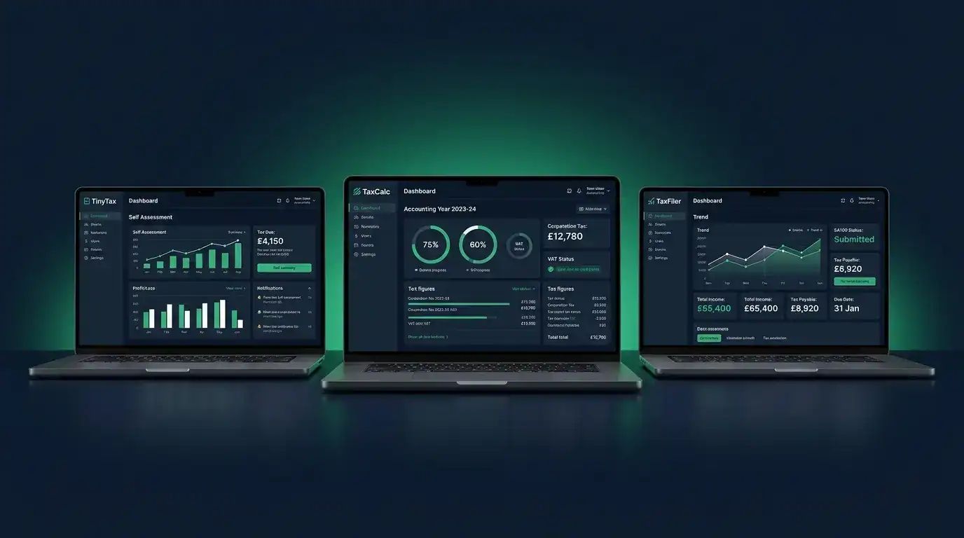 Three laptop screens comparing TinyTax, TaxCalc, and TaxFiler corporation tax software dashboards for UK small businesses