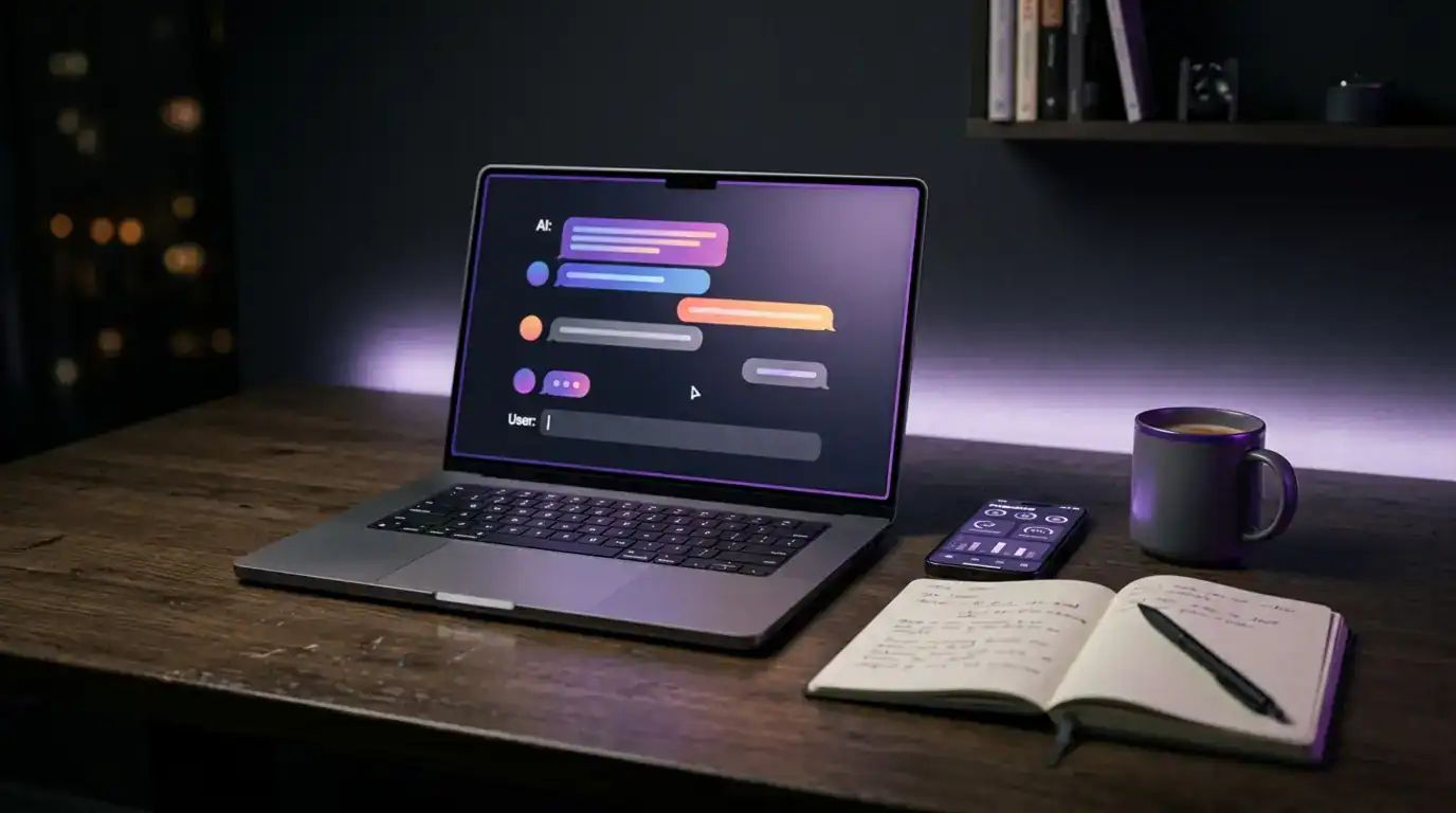 A laptop and phone displaying AI chat interfaces on a clean desk with soft purple and lavender ambient lighting