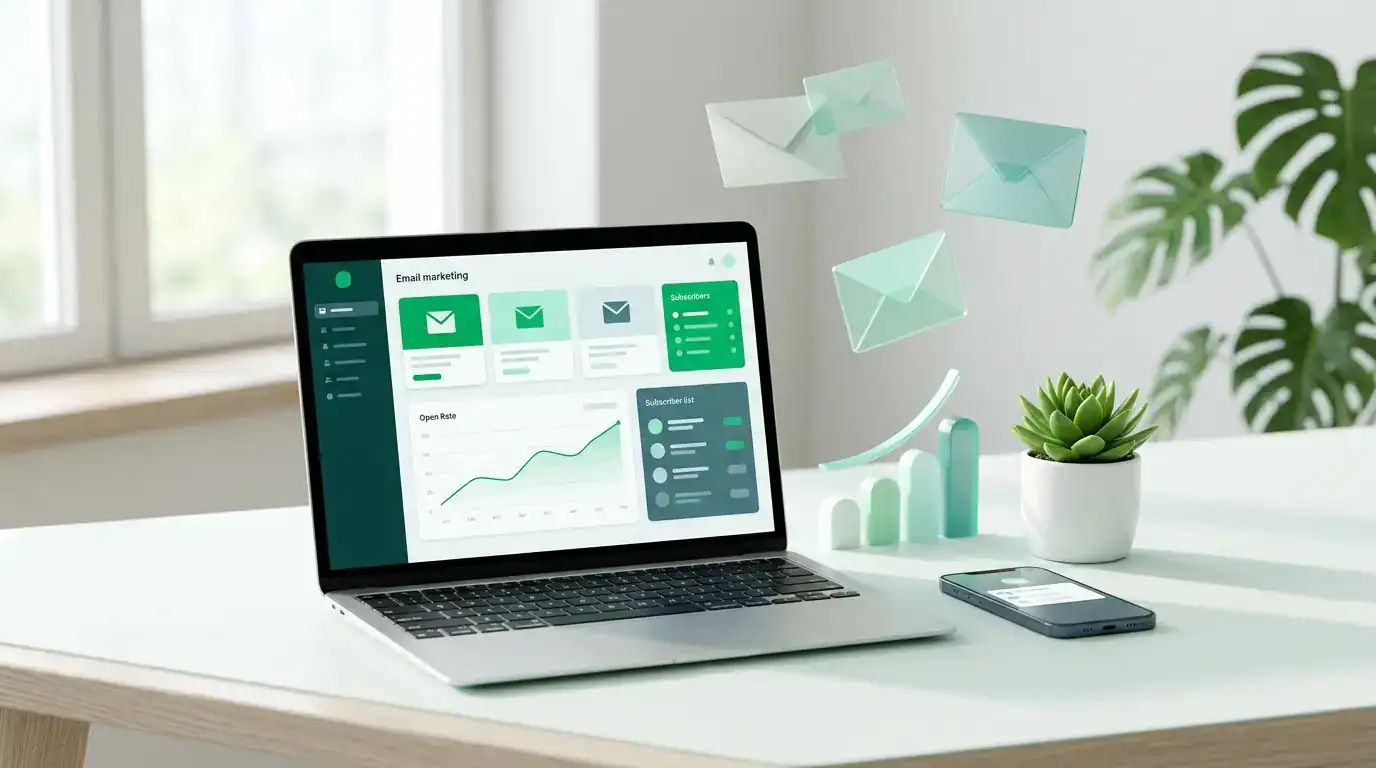 Laptop displaying an email marketing dashboard with green campaign charts on a bright mint background, representing email marketing software for UK small businesses.