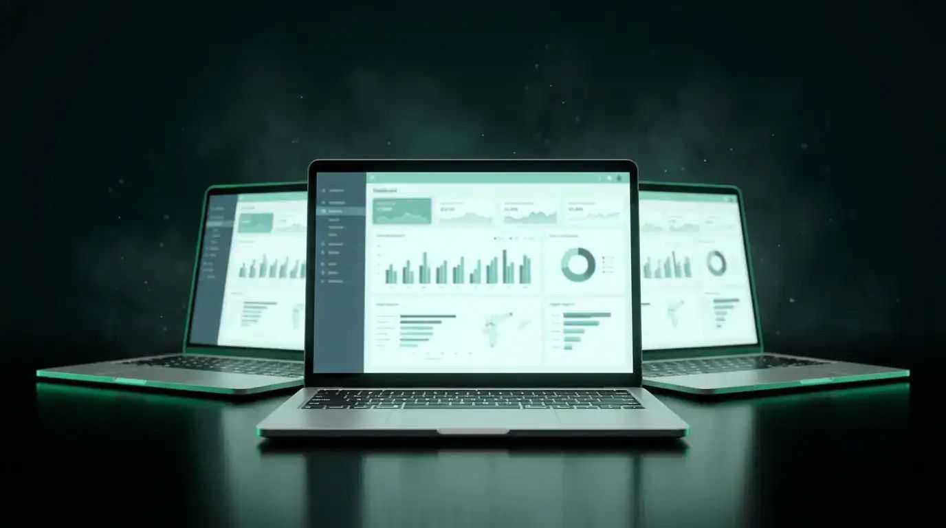 Three premium laptops displaying business dashboards, representing the best laptops for small business UK buyers in 2026