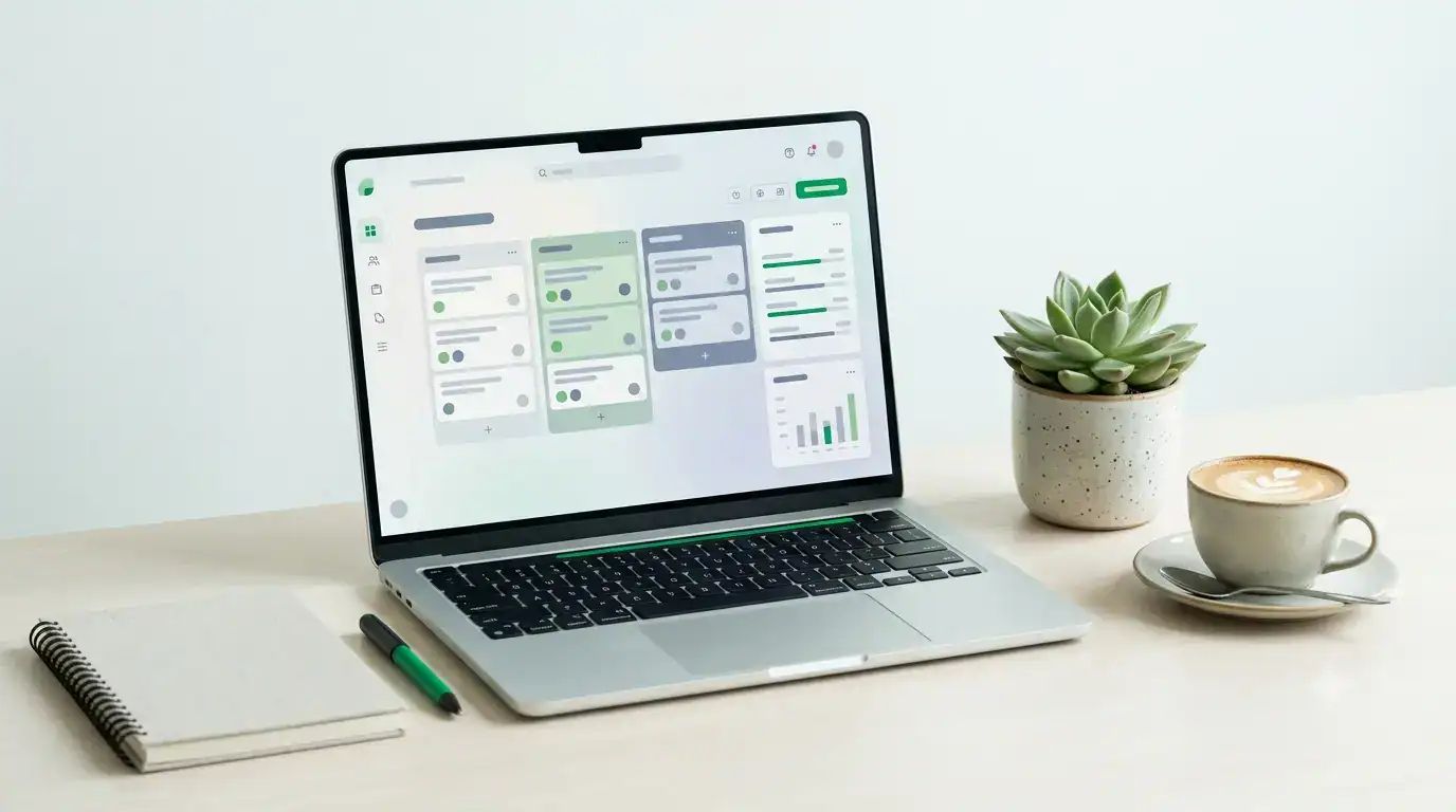 Laptop displaying a project management dashboard with task boards and progress indicators, styled as a clean editorial product scene on a mint off-white background.