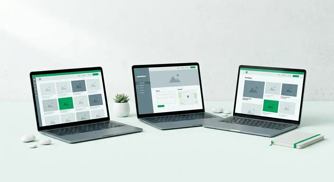 Three laptops displaying website builder interfaces on a mint white background, representing the best website builders for UK small businesses