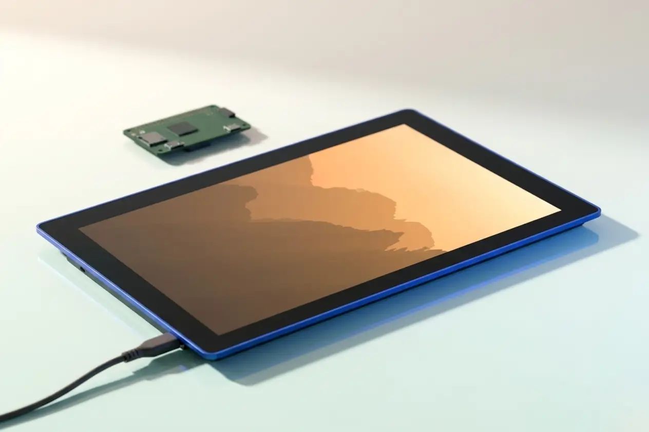 Raspberry Pi Touch Display 2 10.1-inch IPS touchscreen connected to a Raspberry Pi 5 via USB-C cable