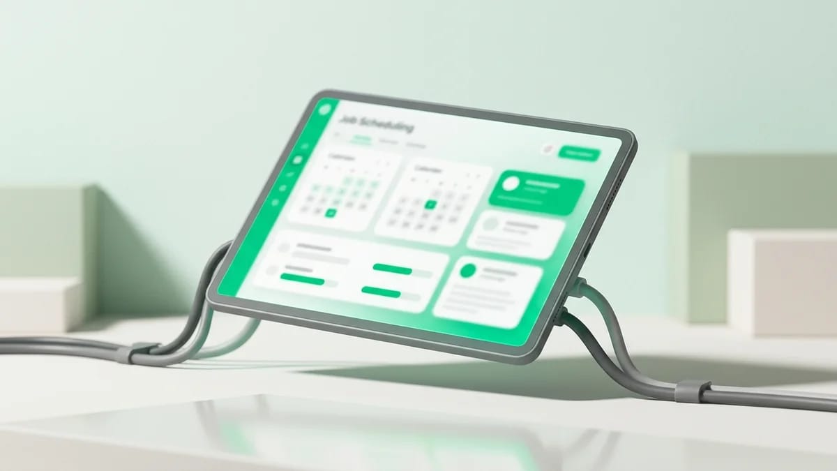 Tradify job management software dashboard shown on a smartphone, used by a UK electrician on site