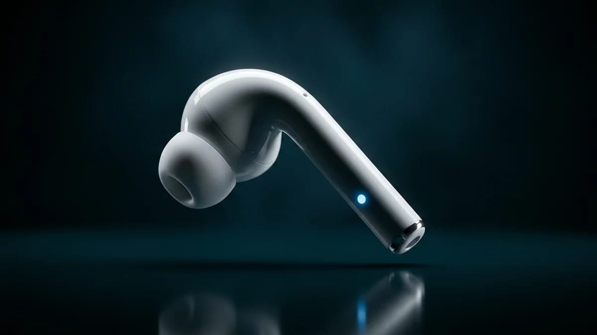 Rendered concept image of Apple AirPods Pro with a small front-facing camera visible on the stem