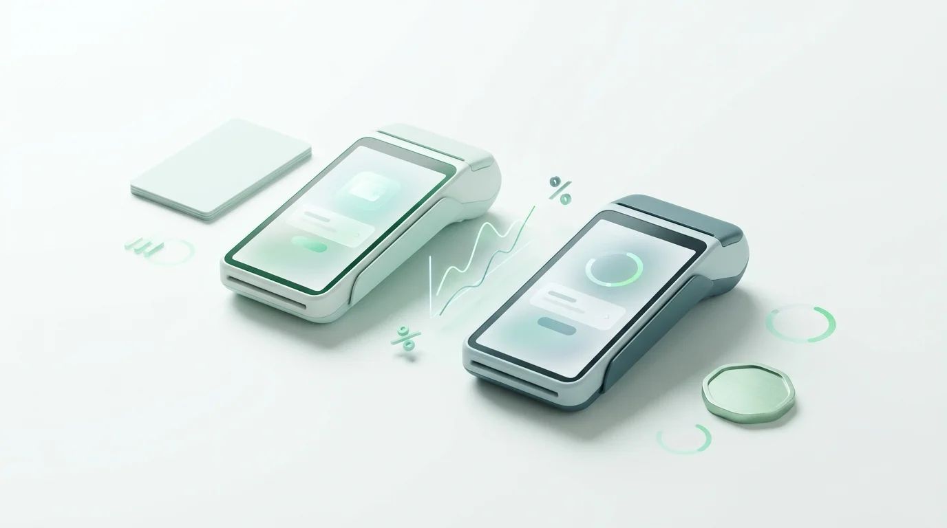 SumUp vs PayPal card readers displayed side by side on a shop counter