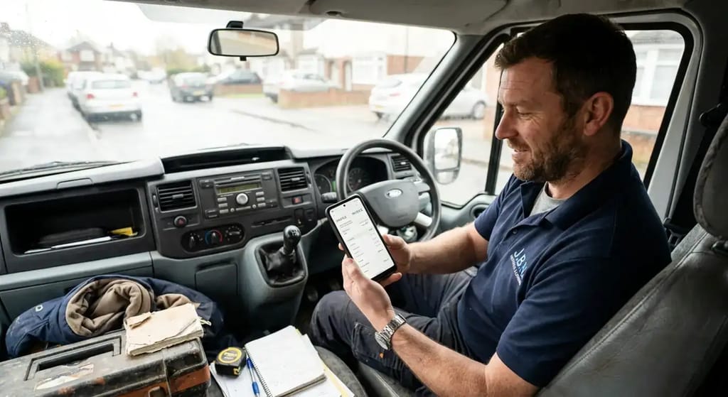 Tradesperson checking an invoice on his phone in his van