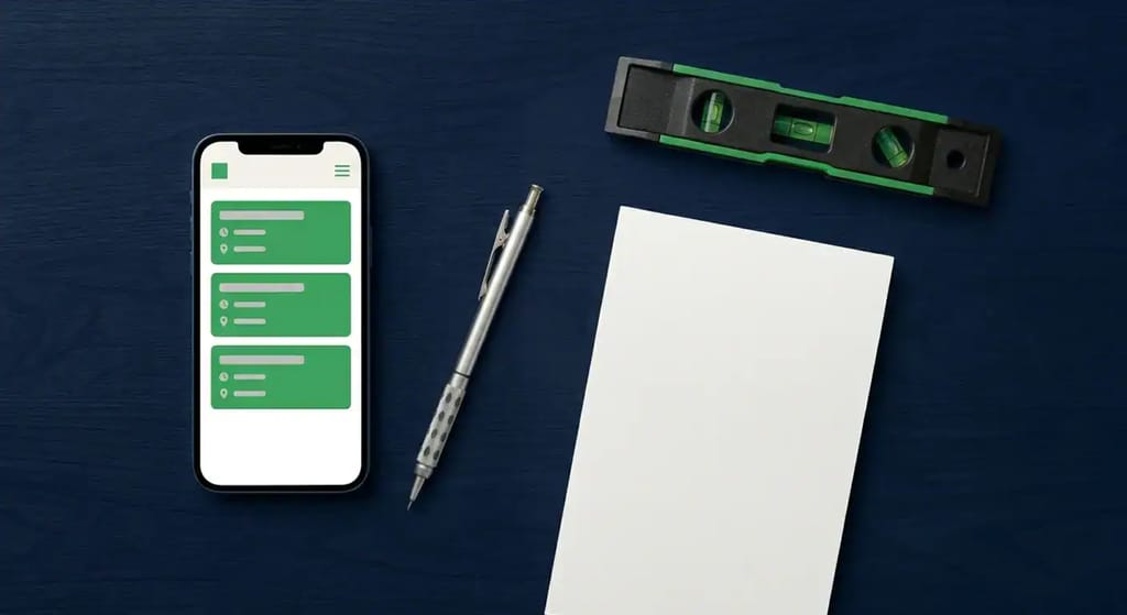 A flat-lay overhead shot of a dark navy workbench with a smartphone displaying a job scheduling app, a mechanical pencil, a closed notepad, and a spirit level, representing job management tools for UK tradespeople.