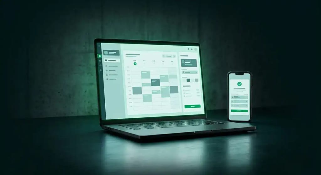A dark cinematic product scene showing a laptop and smartphone displaying a calendar booking dashboard, lit with green accent lighting against a deep teal-black background.