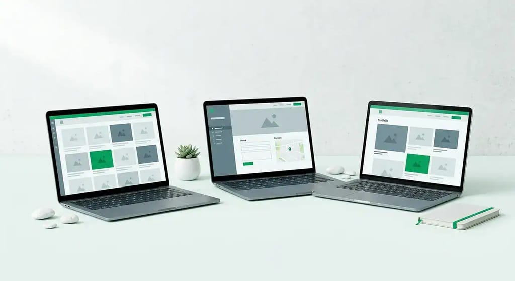 Three laptops displaying website builder interfaces on a mint white background, representing the best website builders for UK small businesses