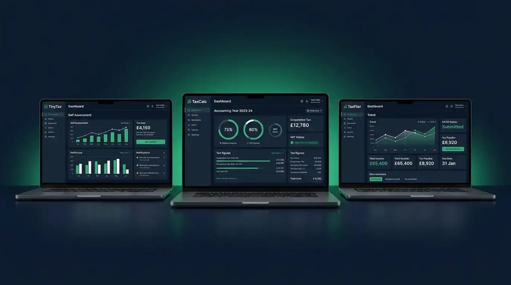 Three laptop screens comparing TinyTax, TaxCalc, and TaxFiler corporation tax software dashboards for UK small businesses