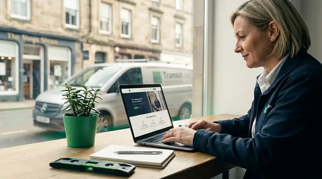 Does a small business need a website? This female tradesperson in a navy work jacket thinks so, reviewing her business website on a laptop with a UK high street visible behind her.