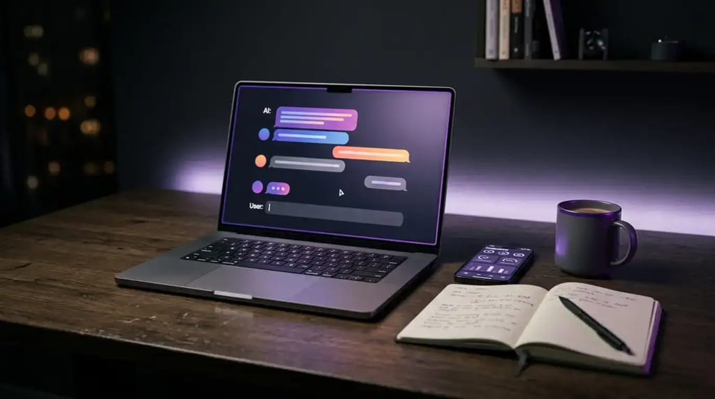A laptop and phone displaying AI chat interfaces on a clean desk with soft purple and lavender ambient lighting