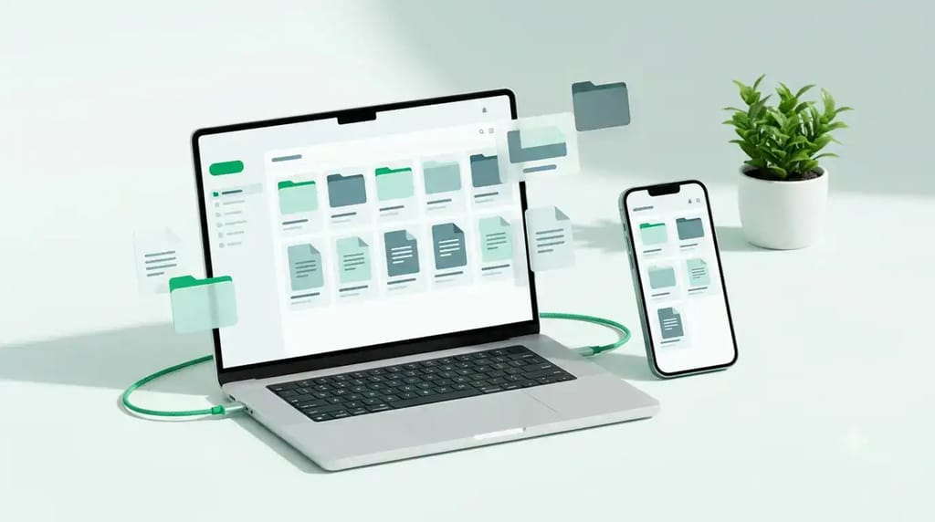 Laptop and smartphone displaying a cloud file browser interface, representing the best cloud storage options for UK small businesses