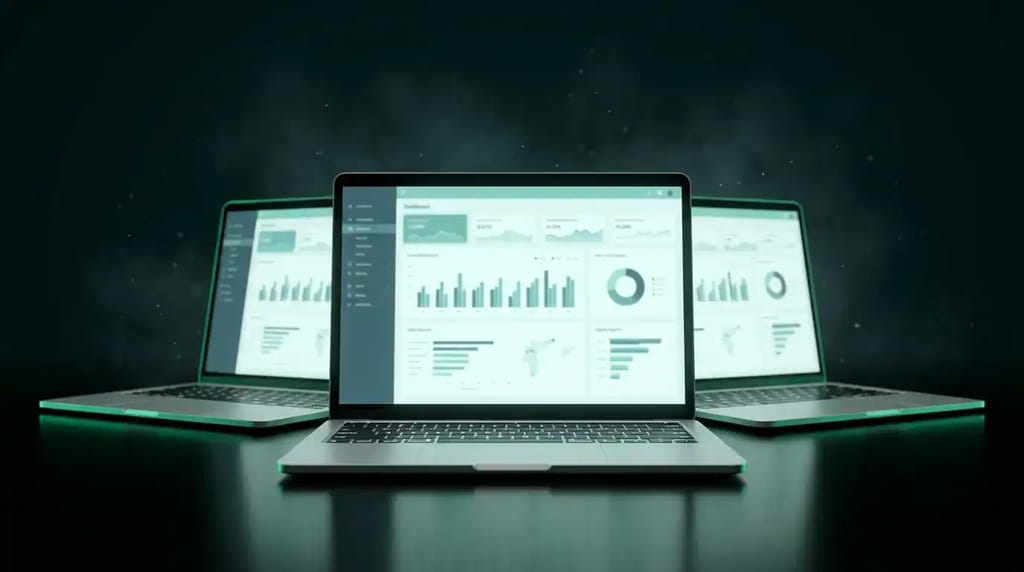 Three premium laptops displaying business dashboards, representing the best laptops for small business UK buyers in 2026