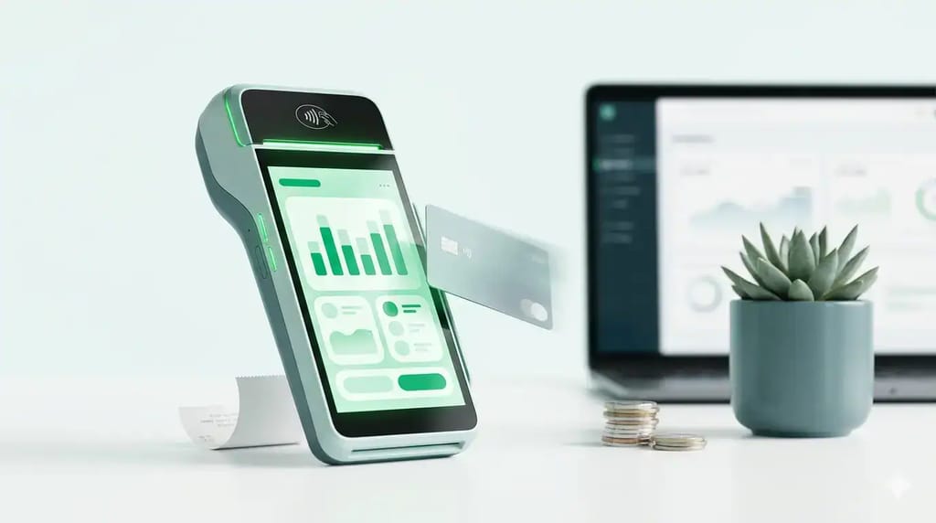 Card payment terminal displaying a sales dashboard, illustrating the best payment terminals for businesses uk 2026