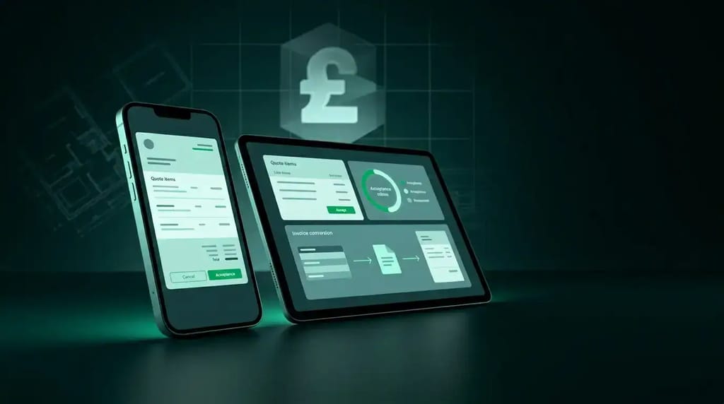 Quoting software for UK tradespeople shown on smartphone and tablet screens, displaying quote line items, online acceptance, and invoice conversion workflow.
