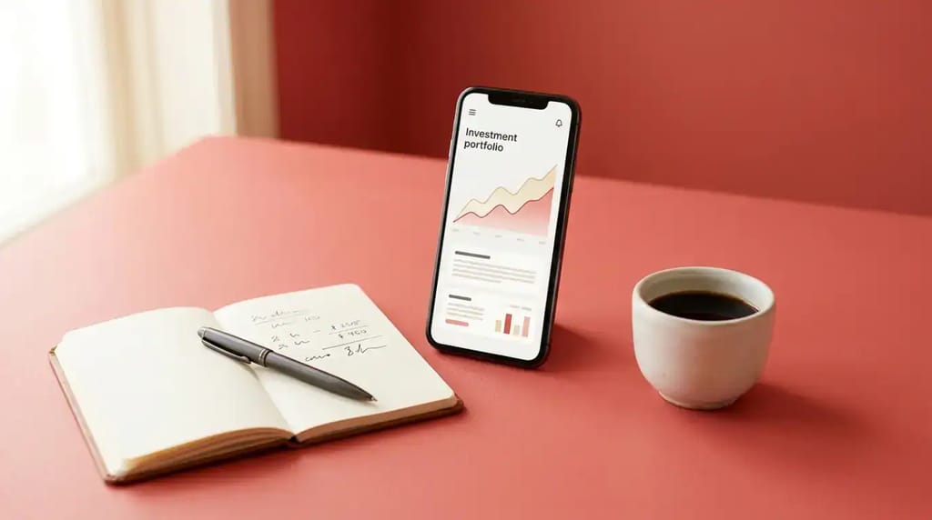 A smartphone displaying an investment portfolio dashboard alongside a notebook and cup of coffee on a light desk