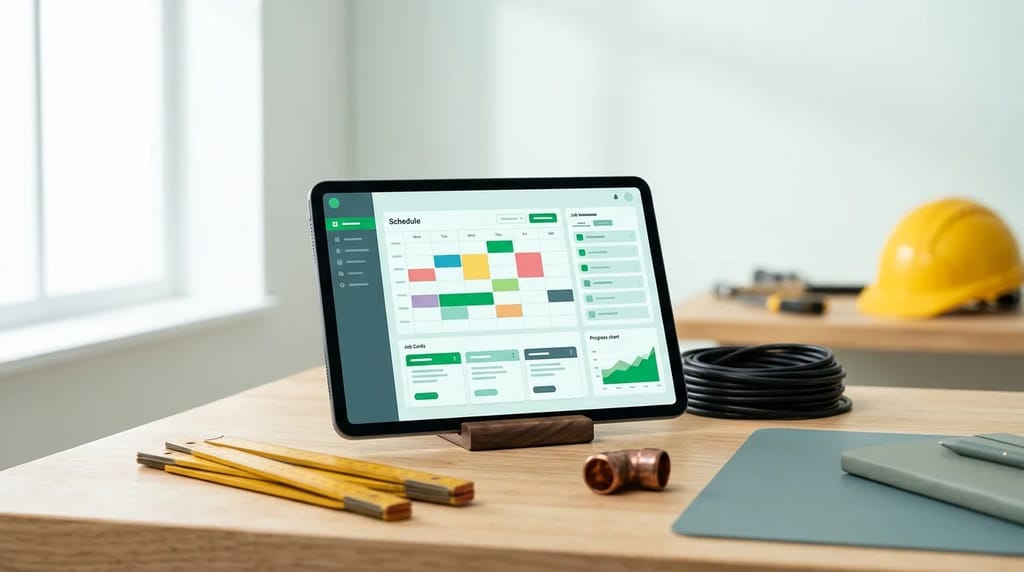 Tradify alternatives compared on a tablet resting on a UK tradesperson's workbench