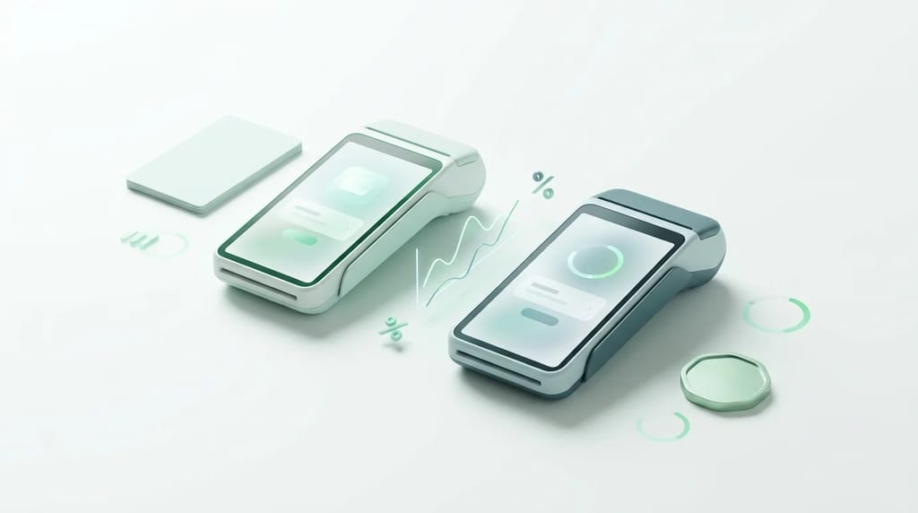 SumUp vs PayPal card readers displayed side by side on a shop counter