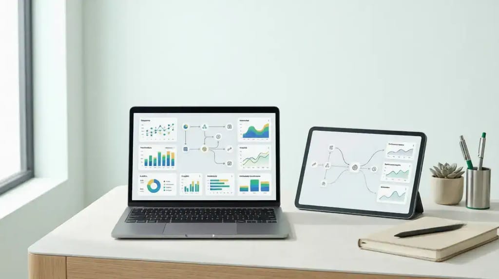 Selection of AI tool interfaces on a laptop screen, best AI tools for UK small businesses