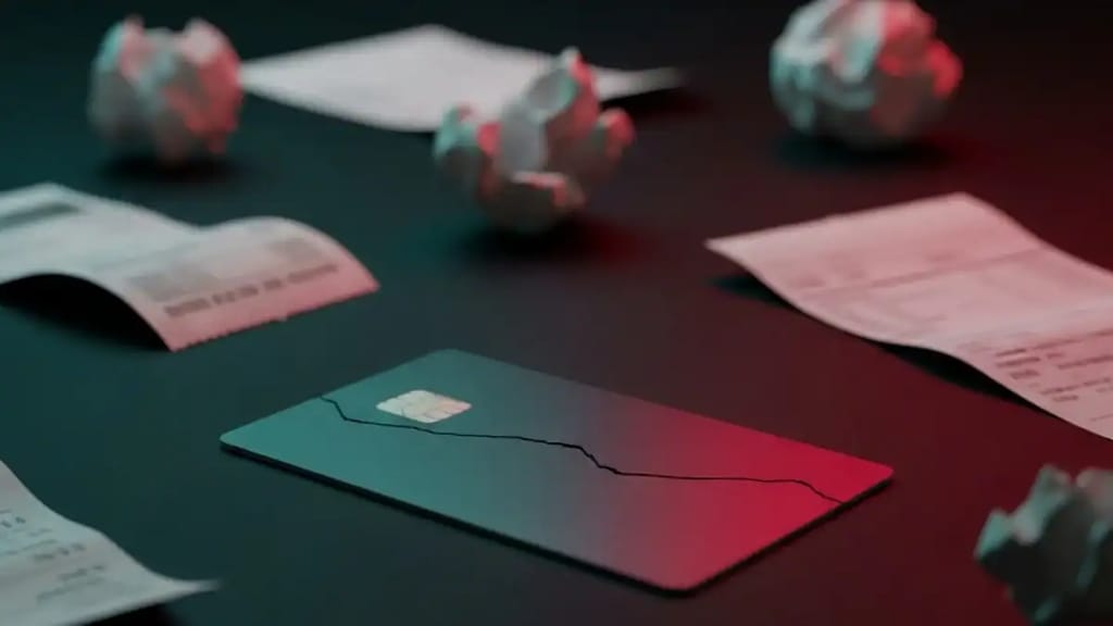 A hand holding a credit card in front of a stack of bills and paperwork on a kitchen table