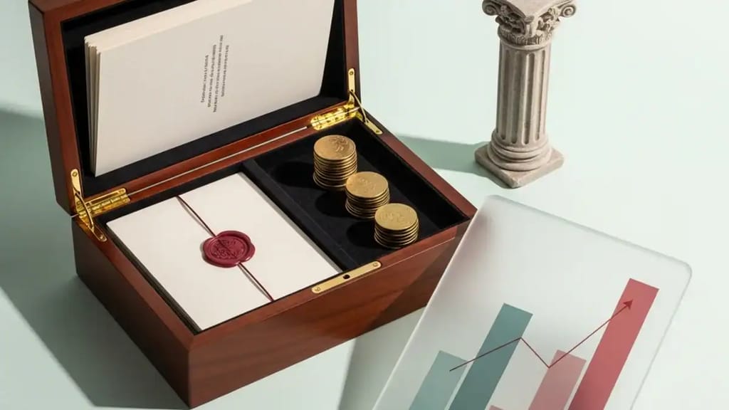 A UK family reviewing inheritance tax planning documents alongside an offshore bond illustration on a desk