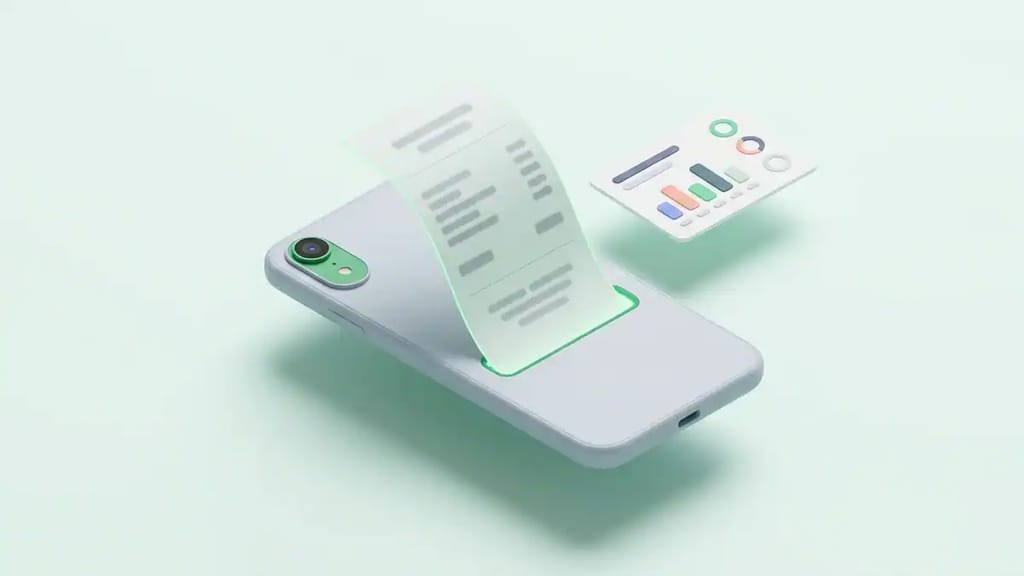 A phone floating with a receipt scanner apps installed