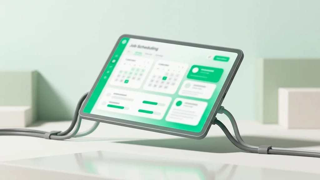 Tradify job management software dashboard shown on a smartphone, used by a UK electrician on site