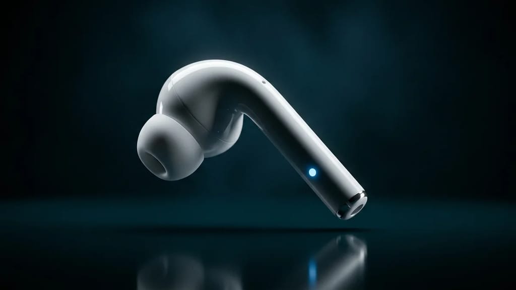 Rendered concept image of Apple AirPods Pro with a small front-facing camera visible on the stem