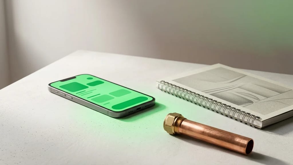 Tradify job management app open on a smartphone beside plumbing tools on a workbench
