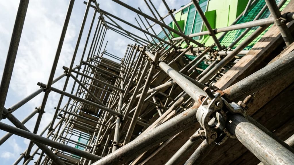 Construction workers on a large UK building site with cranes in the background