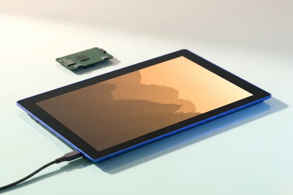 Raspberry Pi Touch Display 2 10.1-inch IPS touchscreen connected to a Raspberry Pi 5 via USB-C cable